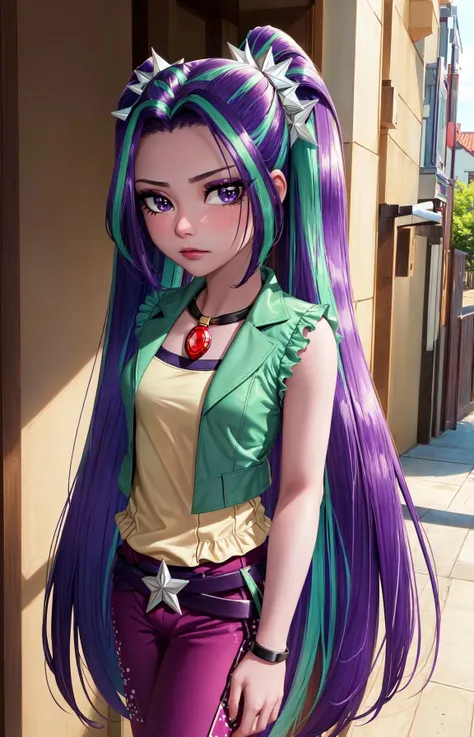 (masterpiece, best quality:1.2),<lora:mlp_ariablaze-10:1>,cowboy shot,solo,1girl,mlparia,colored skin,purple skin,unamused,looking at viewer,twintails,hair ornament,green jacket,purple pants,belt,jewelry,necklace,cameltoe,(arms behind back),soft lighting,