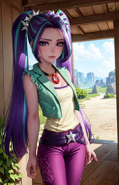 (masterpiece, best quality:1.2),<lora:mlp_ariablaze-10:1>,cowboy shot,solo,1girl,mlparia,colored skin,purple skin,unamused,looking at viewer,twintails,hair ornament,green jacket,purple pants,belt,jewelry,necklace,cameltoe,(arms behind back),soft lighting,