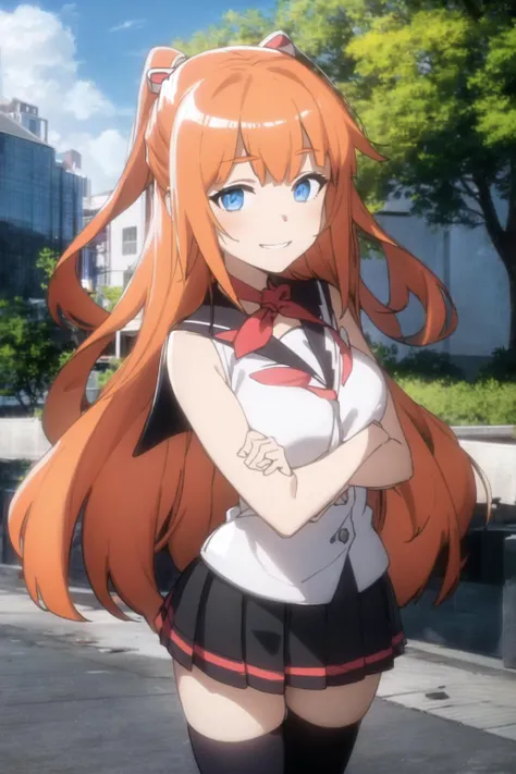 {{Masterpiece}},{{best quality}},{{detailed illustration}},{beautiful detailed eyes},{{cinematic lighting}},{{bright colors}},1girl,long hair,orange hair color,red cat hair accessory,sailor uniform,red bow tie,open shoulders,skirt,looking at viewer,smile,crossed arms,confident pose <lora:michiru kinushima:0.6>