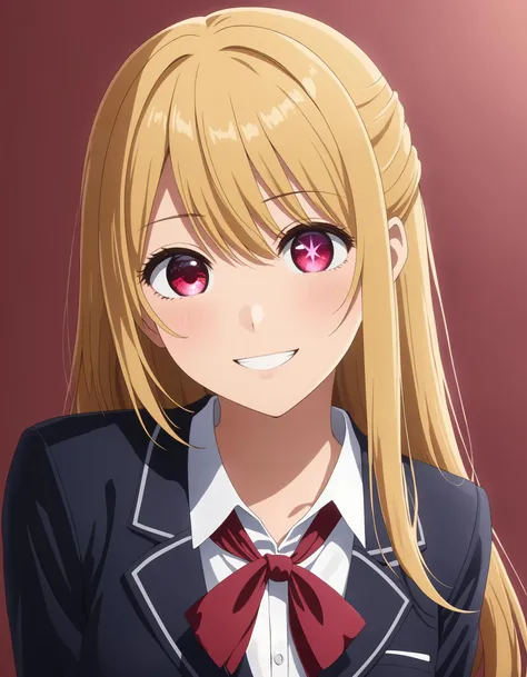 (8k, masterpiece, best quality, fine shadows, cinematic lighting, ultra high res), detailed eyes and face, almond eyes, sharp focus, 1girl, (slim body, small waist, thighs, hips, legs, medium breasts), (full body shot:1.3), long eyelashes, realistic skin, ruby_hoshino, blonde hair, bangs, pink eyes, long hair, looking at viewer, red eyes, streaked hair, hair between eyes, sidetail hair, (school uniform, blazer, ribbon), grin, (star pupil:1.3), <lora:Ruby_Hoshino_XL:0.5>, anime, <lora:anime_sdxl_v2:1>