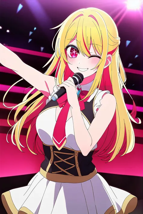 1girl,
masterpiece,best quality,<lora:Ruby_Hoshino_XL:1>,(ruby_hoshino, blonde hair, bangs, 1girl, pink eyes, long hair, looking at viewer, red eyes, streaked hair,hair between eyes),
(stage:1.1),smile,one eye closed,microphone,dancing,idol costume,