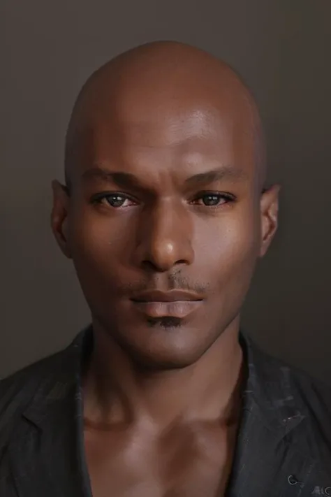 <lora:rhyheimsv3:1> rhyheims, black man, bald, dark skin, brown eyes, professional studio quality modeling headshot, 4K, simple dark background, dramatic lighting, neutral expression, realistic skin, fine detail, shirt, ultra realistic photograph, professional photograph, by Gucci photographer.