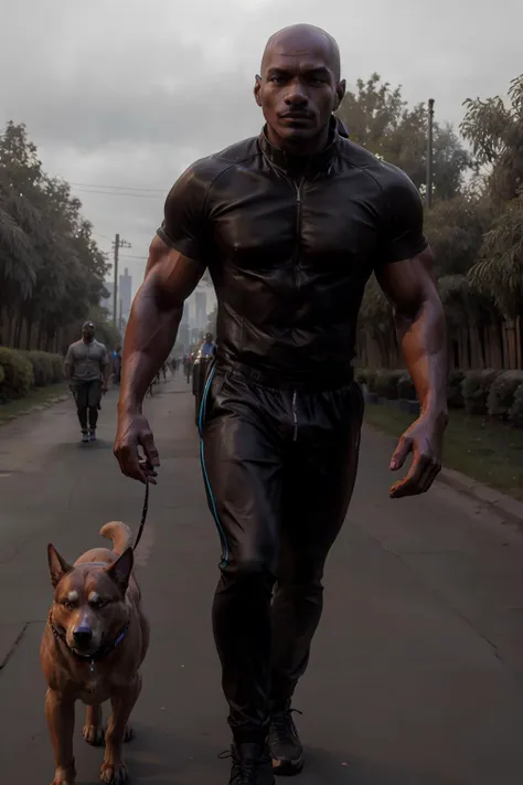 32k, cinematic, hyperrealistic, (masterpiece), high details, ultra-realistic, photograph of, <lora:rhyheimsv3:1> rhyheims, black man, bald, facial hair, dark skin, dark-skinned male, realistic, male focus, wearing expensive performance apparel, out for a (walk with his dog)