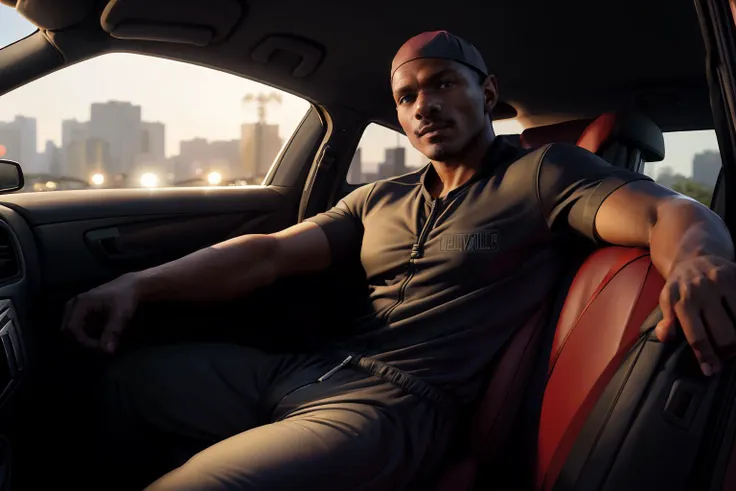 front view, hyperrealistic, (masterpiece), high details, ultra-realistic, photograph of (<lora:rhyheimsv3:1> rhyheims, black man, bald, facial hair, dark skin, male focus), sitting in a convertable, car interior, behind steering wheel, dashboard, carseat, front seat, looking at viewer, arm on car door, blurry commercial district background, bokeh, 32k, cinematic, midnight, (((tracksuit))), (((t-shirt))), baseball cap, (((SFW))),   rhyheims