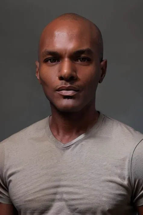 <lora:rhyheimsv3:1> rhyheims, black man, bald, dark skin, brown eyes, professional studio quality modeling headshot, 4K, simple dark background, dramatic lighting, neutral expression, realistic skin, fine detail, shirt, ultra realistic photograph, professional photograph, by Gucci photographer.
