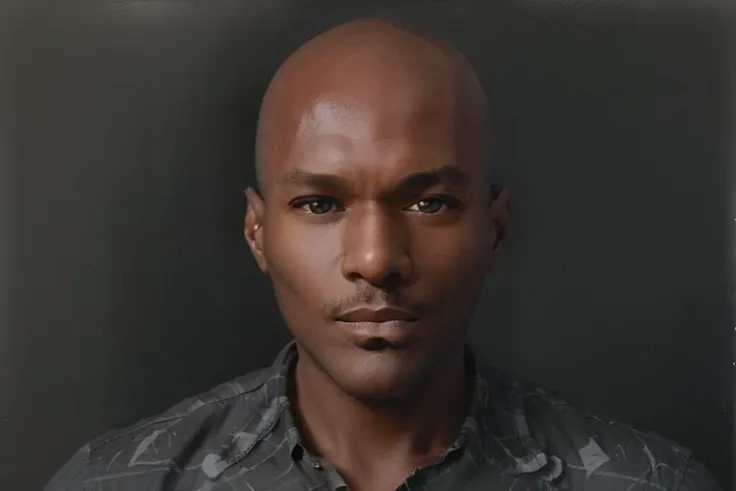 <lora:rhyheimsv3:1> rhyheims, black man, bald, dark skin, brown eyes, professional studio quality modeling headshot, 4K, simple dark background, dramatic lighting, neutral expression, realistic skin, fine detail, shirt, ultra realistic photograph, professional photograph, by Gucci photographer.