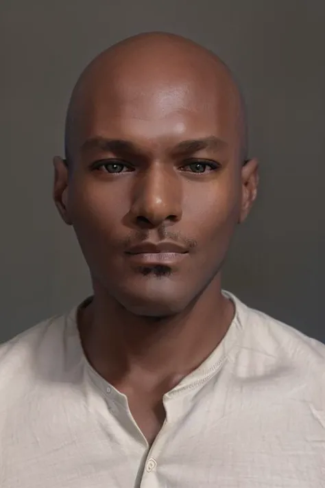<lora:rhyheimsv3:1> rhyheims, black man, bald, dark skin, brown eyes, professional studio quality modeling headshot, 4K, simple dark background, dramatic lighting, neutral expression, realistic skin, fine detail, shirt, ultra realistic photograph, professional photograph, by Gucci photographer.