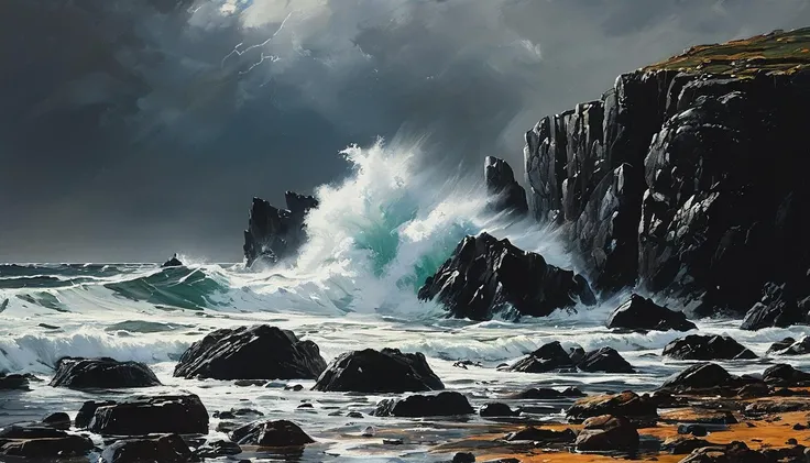 impactful paint of a stormy sea over rocks <lora:The_Horror_Style:0.5>, highly detailed, 8k, sharp, professional, clear, high contrast, high saturated, , vivid deep blacks, crystal clear
