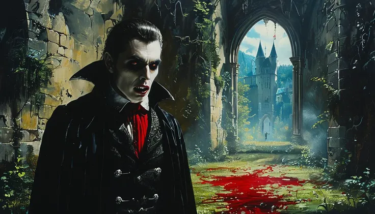 impactful paint of a vampire in a castle   <lora:The_Horror_Style:1>,    highly detailed,   8k,   sharp,  professional, clear,   high contrast, high saturated, , vivid deep blacks, crystal clear