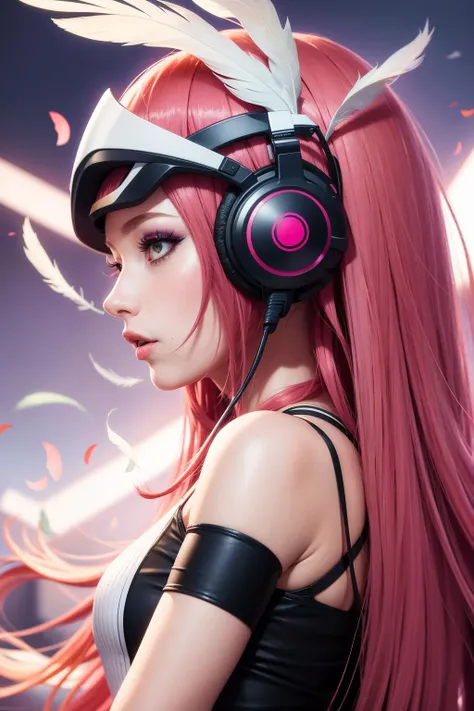 masterpiece,  1girl, solo, long hair, pink hair, feathers, watermark, profile, makeup, web address, red hair, helmet, hair ornament, lips, headphones, nose