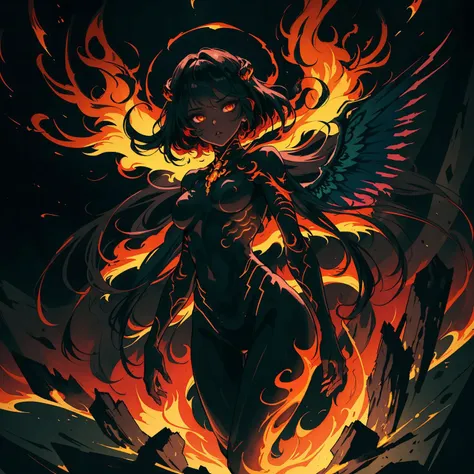 Generate a stunning art style, a true [masterpiece] of art. The image showcases [detailed linework], [dynamic shading], and [dramatic lighting], bringing to life a fiery atmosphere. The cinematic scene depicts a beautiful girl (floating: 1) in space, surrounded by the dark void. Her (full_body: 1.5) is suspended in the dark, drifting weightless. Cosmic horrors beyond comprehension lurk in the shadows. Her dark_skin  is lined with intricate_patterns of bright fluorescent [neon tattoos]. Her full_body is suspended in the void. A halo. Flaming wings are sprouting from her back. Within her a fire seems to be burning.  The foreboding atmosphere is heavy with the knowledge that something is not right. The scenery is lit by the fires:1.5, its lava flowing. It casts deep shadows.