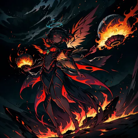 Generate a stunning art style, a true [masterpiece] of art. The image showcases [detailed linework], [dynamic shading], and [dramatic lighting], bringing to life a fiery atmosphere. The cinematic scene depicts a beautiful girl (floating: 1) in space, surrounded by the dark void. Her (full_body: 1.5) is suspended in the dark, drifting weightless. Cosmic horrors beyond comprehension lurk in the shadows. Her dark_skin  is lined with intricate_patterns of bright fluorescent [neon tattoos]. Her full_body is suspended in the void. A halo. Flaming wings are sprouting from her back. Within her a fire seems to be burning.  The foreboding atmosphere is heavy with the knowledge that something is not right. The scenery is lit by the fires:1.5, its lava flowing. It casts deep shadows.