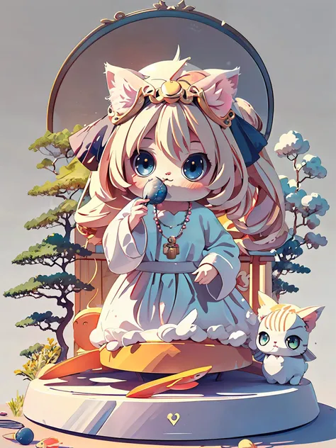 (god of cat with necklace eating fish), <lora:cat_20230627113759:0.5>, <lora:blindbox_v1_mix:1>, (chibi), <lora:clothesUpdate:1>, Barihama outfit, <lora:Ink scenery:1>,white background, scenery, god of cat shrine, 3d fluffy, closeup cute and adorable, cute big circular reflective eyes, long fuzzy fur, Pixar render, unreal engine cinematic smooth, intricate detail, cinematic