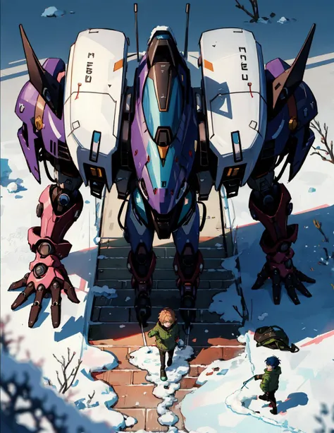 high definition picture, top view, <lora:large_mecha_arm_v1:1>, large_mecha_arm, mecha_musume, winter, snowy weather, evangelion, detailed skin texture, (blush:0.5), (goosebumps:0.5), subsurface scattering