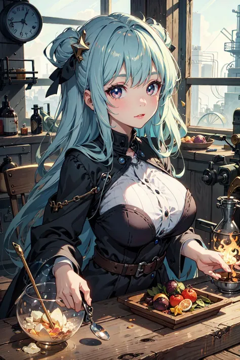 (best quality), girl,cute, huge eyes, long eyes, alchemist,factory,