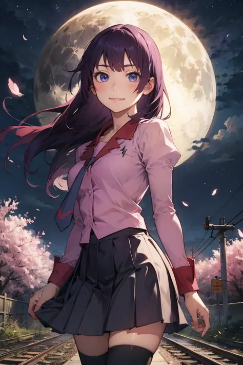 1girl, masterpiece, best quality, <lora:senjougahara_hitagi_v2:0.8>, sh1, looking at viewer, senjougahara hitagi, long hair, long sleeves, necktie, school uniform, pleated skirt, juliet sleeves, black thighhighs, pink shirt, medium breasts, railroad tracks, night, cherry blossom, cowboy shot, moon, stars, smile,