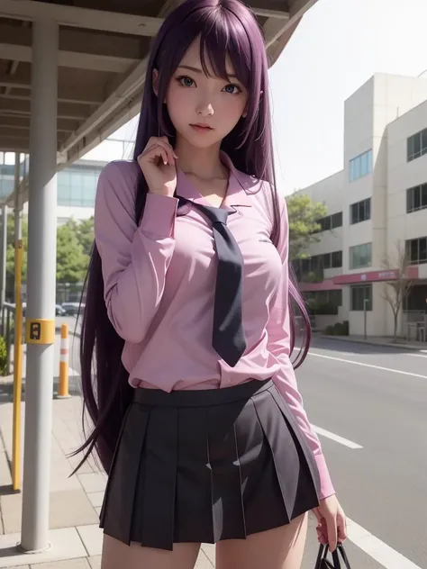 8k, best quality, real picture, intricate details, ultra-detailed, ultra highres, depth field,(photorealistic,realistic:1.2),masterpiece,
0.35 :: medium shot , straight-on shot , from miiddle ,
1girl, senjougahara hitagi, <lora:senjougahara_hitagi_v1:0.7>, an extremely beautiful 17-year-old girl, perfect shiny skin, flawless skin, fair skin, medium breasts, long hair, blue eyes, juliet sleeves, purple hair, medium breasts, very long hair, light blush, solo, looking at viewer,
gravure pose,
sh1, senjougahara hitagi, long hair, long sleeves, necktie, school uniform, pleated skirt, juliet sleeves, black thighhighs, pink shirt ,
sh1, senjougahara hitagi, long hair ,
daytime ,
classroom ,
(crowds background:1.2),,