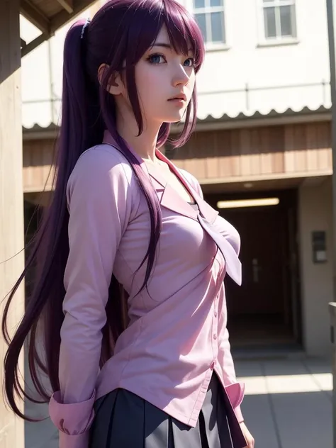 8k, best quality, real picture, intricate details, ultra-detailed, ultra highres, depth field,(photorealistic,realistic:1.2),masterpiece,
0.35 :: medium shot , angled shot from the side , dutch angle ,
1girl, senjougahara hitagi, <lora:senjougahara_hitagi_v1:0.7>, an extremely beautiful 17-year-old girl, perfect shiny skin, flawless skin, fair skin, medium breasts, long hair, blue eyes, juliet sleeves, purple hair, medium breasts, very long hair, light blush, solo, looking at viewer,
gravure pose,
sh1, senjougahara hitagi, long hair, long sleeves, necktie, school uniform, pleated skirt, juliet sleeves, black thighhighs, pink shirt ,
sh1, senjougahara hitagi, long hair ,
twilight ,
classroom ,
(crowds background:1.2),,