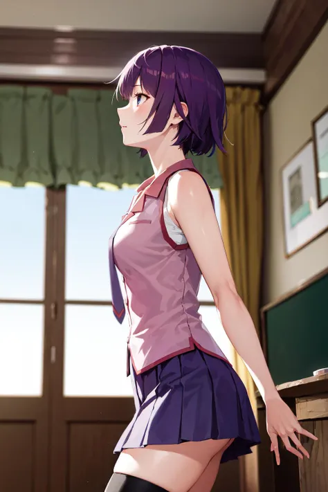 masterpiece, best quality, highres, sh1, senjougahara hitagi, short hair, sleeveless, necktie, school uniform, pleated skirt, black thighhighs, pink shirt, <lora:senjougahara_hitagi_v1:0.7>, from side, indoors,