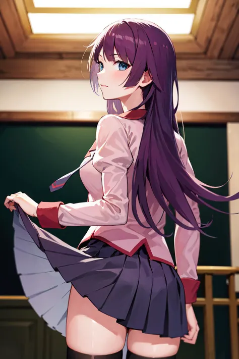 masterpiece, best quality, highres, sh1, senjougahara hitagi, long hair, long sleeves, necktie, school uniform, pleated skirt, juliet sleeves, black thighhighs, pink shirt, <lora:senjougahara_hitagi_v1:0.7>, cowboy shot, (skirt lift:1.3), indoors, from behind, looking at viewer,