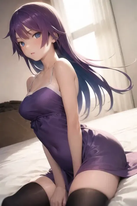 <lora:senjougahara_hitagi_v1:0.70>, sh1, senjougahara hitagi, perfect face, masterpiece, best quality, purple hair, blue eyes, gown, medium breasts, 1girl, bedroom, dynamic lighting, long hair, (very detailed background:1.0), thighhighs,  on bed, seductive