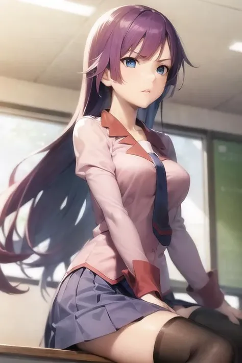 <lora:senjougahara_hitagi_v1:0.70>, sh1, senjougahara hitagi, perfect face, masterpiece, best quality, purple hair, blue eyes, long sleeves, necktie, school uniform, pleated skirt, juliet sleeves, black thighhighs, pink shirt, blue pattern panties, medium breasts, 1girl, classroom, dynamic lighting, long hair, (very detailed background:1.0), sitting, on desk, annoyed, holding stationary