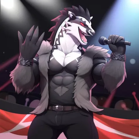 solo,(obstagoon, pokemon, red eyes ), male, ( muscular),  singing, happy, open mouth , concert, microphone, (soft shading),(digital flat colors), 4k,hi res , UHD, ( detailed illustration),  masterpiece,      <lora:obstagoon-08:1>