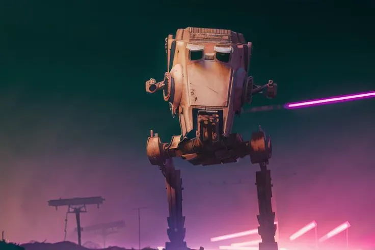 analog gloomy photo of a Star Wars ((AT-ST robot, <lora:st4rw4r54t5t:1>)), walking through a neon new york city avenue at night, explosions in the background, fire, lasers, outrun, synthwave, retrowave, purple sky, ((cyberpunk)), High Detail, Sharp focus, ((photorealism:1.2)), realistic, best quality, 8k, award winning, dramatic lighting, epic, cinematic, masterpiece, dutch angle, sports photography, ambient fog:1.3, volumetric lights,