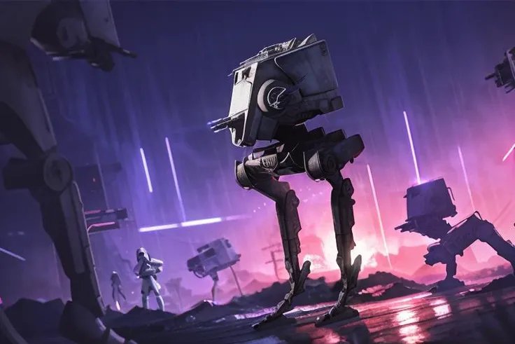 analog gloomy photo of a Star Wars ((AT-ST robot, <lora:st4rw4r54t5t:1>)), walking through a neon new york city avenue at night, explosions in the background, fire, lasers, outrun, synthwave, retrowave, purple sky, ((cyberpunk)), High Detail, Sharp focus, ((photorealism:1.2)), realistic, best quality, 8k, award winning, dramatic lighting, epic, cinematic, masterpiece, dutch angle, sports photography, ambient fog:1.3, volumetric lights,