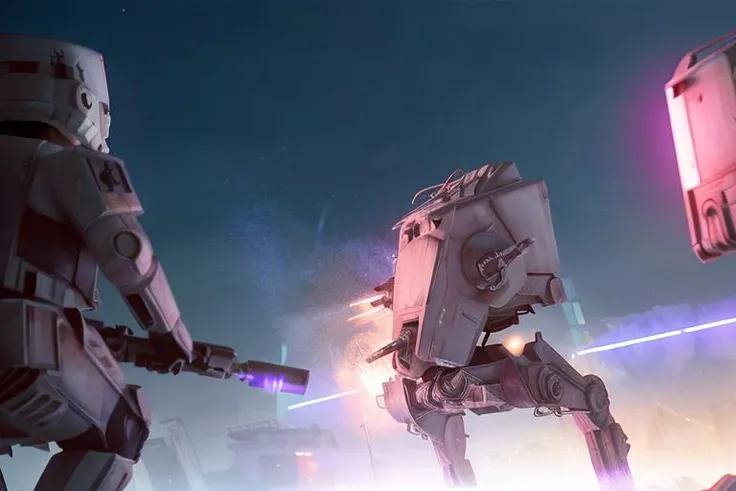 analog gloomy photo of a Star Wars ((AT-ST robot, <lora:st4rw4r54t5t:1>)), walking through a neon new york city avenue at night, explosions in the background, fire, lasers, outrun, synthwave, retrowave, purple sky, ((cyberpunk)), High Detail, Sharp focus, ((photorealism:1.2)), realistic, best quality, 8k, award winning, dramatic lighting, epic, cinematic, masterpiece, dutch angle, sports photography, ambient fog:1.3, volumetric lights,