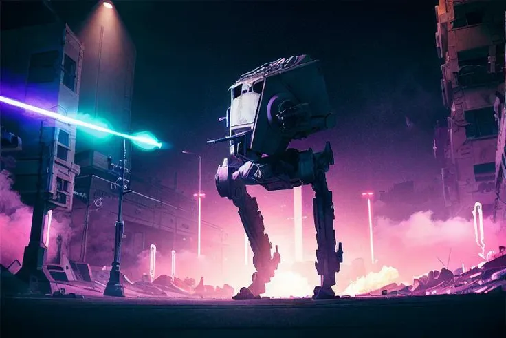 analog gloomy photo of a Star Wars ((AT-ST robot, <lora:st4rw4r54t5t:1>)), walking through a neon new york city avenue at night, explosions in the background, fire, lasers, outrun, synthwave, retrowave, purple sky, ((cyberpunk)), High Detail, Sharp focus, ((photorealism:1.2)), realistic, best quality, 8k, award winning, dramatic lighting, epic, cinematic, masterpiece, dutch angle, sports photography, ambient fog:1.3, volumetric lights,