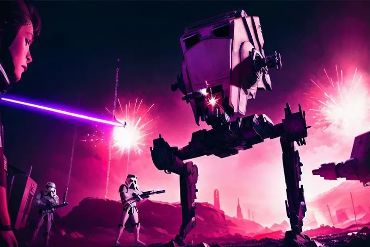 analog gloomy photo of a Star Wars ((AT-ST robot, <lora:st4rw4r54t5t:1>)), walking through a neon new york city avenue at night, explosions in the background, fire, lasers, outrun, synthwave, retrowave, purple sky, ((cyberpunk)), High Detail, Sharp focus, ((photorealism:1.2)), realistic, best quality, 8k, award winning, dramatic lighting, epic, cinematic, masterpiece, dutch angle, sports photography, ambient fog:1.3, volumetric lights,