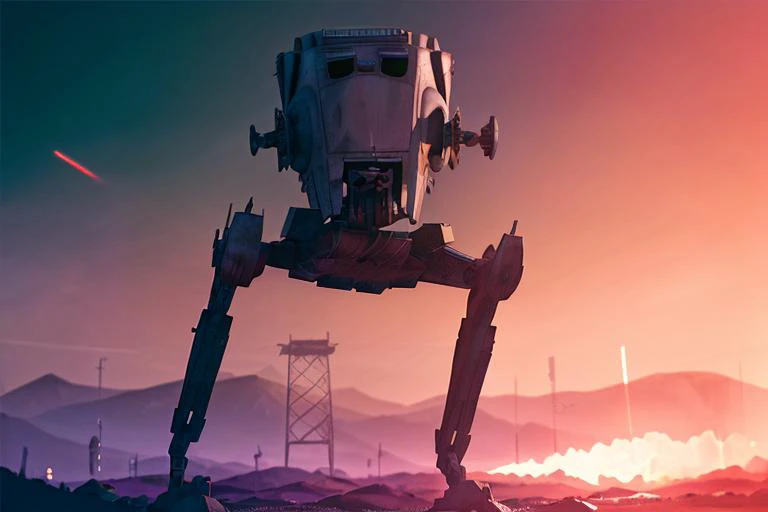 analog gloomy photo of a Star Wars ((AT-ST robot, <lora:st4rw4r54t5t:1>)), walking through a neon new york city avenue at night, explosions in the background, fire, lasers, outrun, synthwave, retrowave, purple sky, ((cyberpunk)), High Detail, Sharp focus, ((photorealism:1.2)), realistic, best quality, 8k, award winning, dramatic lighting, epic, cinematic, masterpiece, dutch angle, sports photography, ambient fog:1.3, volumetric lights,