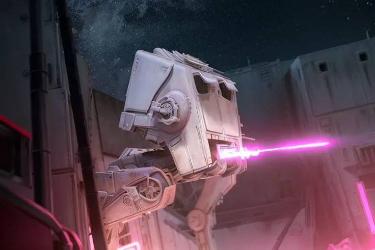 analog gloomy photo of a Star Wars ((AT-ST robot, <lora:st4rw4r54t5t:1>)), walking through a neon new york city avenue at night, explosions in the background, fire, lasers, outrun, synthwave, retrowave, purple sky, ((cyberpunk)), High Detail, Sharp focus, ((photorealism:1.2)), realistic, best quality, 8k, award winning, dramatic lighting, epic, cinematic, masterpiece, dutch angle, sports photography, ambient fog:1.3, volumetric lights,