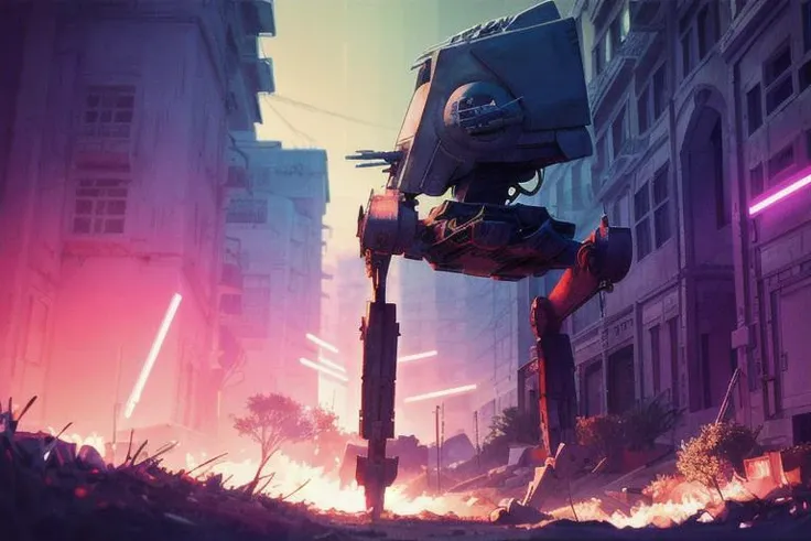 analog gloomy photo of a Star Wars ((AT-ST robot, <lora:st4rw4r54t5t:1>)), walking through a neon new york city avenue at night, explosions in the background, fire, lasers, outrun, synthwave, retrowave, purple sky, ((cyberpunk)), High Detail, Sharp focus, ((photorealism:1.2)), realistic, best quality, 8k, award winning, dramatic lighting, epic, cinematic, masterpiece, dutch angle, sports photography, ambient fog:1.3, volumetric lights,
