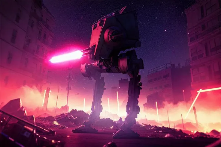 analog gloomy photo of a Star Wars ((AT-ST robot, <lora:st4rw4r54t5t:1>)), walking through a neon new york city avenue at night, explosions in the background, fire, lasers, outrun, synthwave, retrowave, purple sky, ((cyberpunk)), High Detail, Sharp focus, ((photorealism:1.2)), realistic, best quality, 8k, award winning, dramatic lighting, epic, cinematic, masterpiece, dutch angle, sports photography, ambient fog:1.3, volumetric lights,