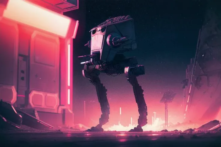 analog gloomy photo of a Star Wars ((AT-ST robot, <lora:st4rw4r54t5t:1>)), walking through a neon new york city avenue at night, explosions in the background, fire, outrun, synthwave, retrowave, purple sky, ((cyberpunk)), High Detail, Sharp focus, ((photorealism:1.2)), realistic, best quality, 8k, award winning, dramatic lighting, epic, cinematic, masterpiece, dutch angle, sports photography, ambient fog:1.3, volumetric lights,