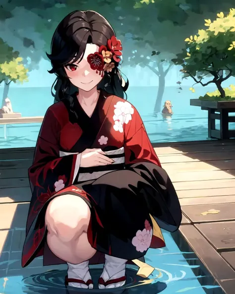 masterpiece, best quality, squatting, fullface, hand on the chest, blush, smile, kimono, black hair, red eye, nature, water, Hanyuuda_Chizuru, <lora:Hanyuuda_Chizuru:0.8>