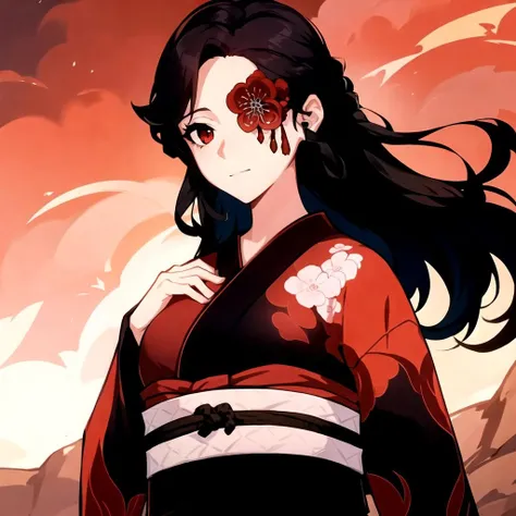 solo, realism, masterpiece, best quality, fullface, hand on the chest, kimono, black hair, red eye, nature, Hanyuuda_Chizuru, <lora:Hanyuuda_Chizuru:0.8>