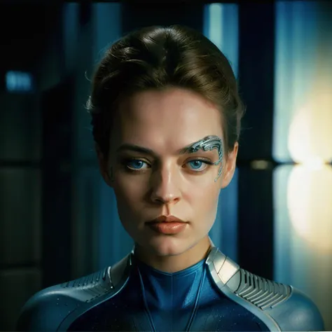 portrait painting of 1girl, sevonofnine, cyborg, brown hair, blue eyes, wearing futuristic body suit, detailed skin, fantasy, borg cube, modelshoot style, (extremely detailed CG), photo of beautiful artwork, (Antonio Moro), (Jeremy Mann), High Detail, Sharp focus, dramatic, oil painting, realistic   <lora:SevenofNineV2:1>