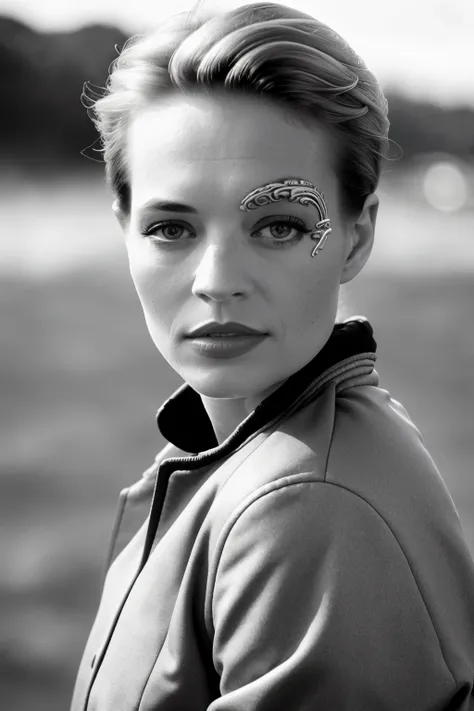b&w photo of woman in jacket, seveonofnine, short hair, face, half body, body, high detailed skin, skin pores, coastline, overcast weather, wind, waves, 8k uhd, dslr, soft lighting, high quality, film grain, Fujifilm XT3 <lora:SevenofNineV2:1>