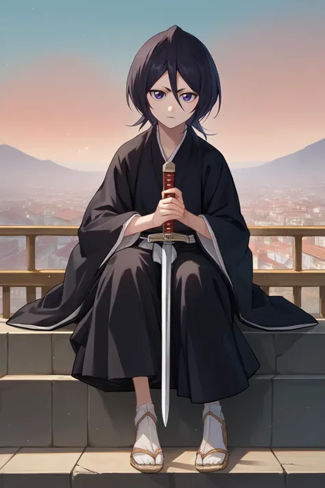 score_9, score_8_up, score_7_up, score_6_up, source_anime BREAK 1girl, solo,  <lora:rukia-pdxl-nvwls-v1-000006:1> defrka, black hair, black eyes, short hair, black robes, sash, wide sleeves, holding sword, looking at you, sandals, sitting, city