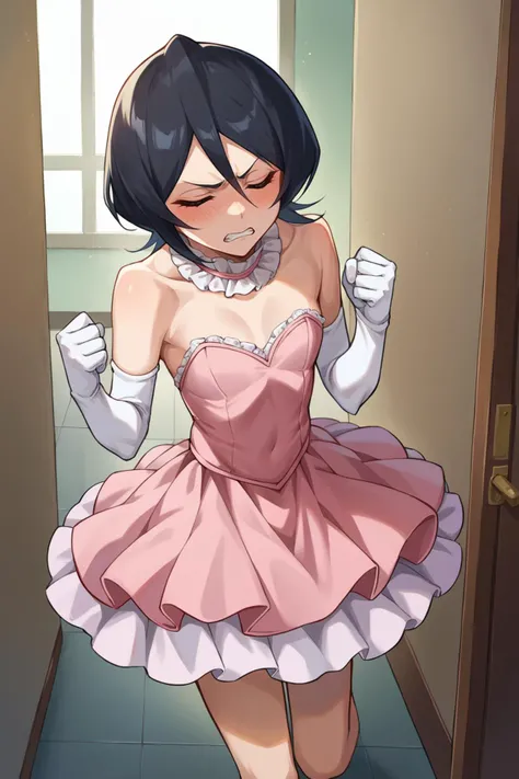 score_9, score_8_up, score_7_up, score_6_up, source_anime BREAK 1girl, solo, <lora:rukia-pdxl-nvwls-v1-000006:1> defrka, black hair, short hair, pink tutu, frills, blush, clenched teeth, closed eyes, embarrassed, clenched hand, hallway, frilled choker, elbow gloves, white gloves