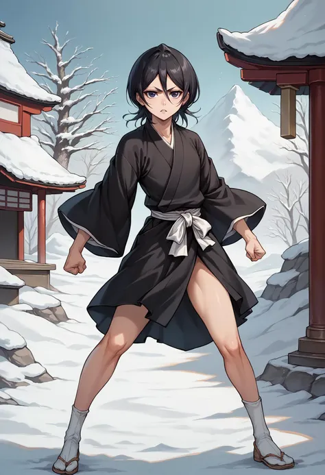 score_9, score_8_up, score_7_up, source_anime, 1girl, solo, looking at viewer, defrka, black hair, black eyes, short hair, black robes, sash, wide sleeves, outdoors, fighting stance, clenched hands, full body, shrine, east asian architecture, snow, legs apart, serious, v-shaped eyebrows, parted lips