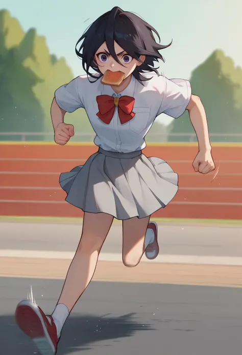 score_9, score_8_up, score_7_up, defrka, black hair, black eyes, short hair, red bowtie, white shirt, grey skirt, running, motion lines, toast in mouth, speed lines,   <lora:rukia-pdxl-nvwls-v1:1>