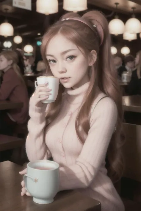 tv_Catherine_MXAI, , , wearing a cozy sweater, sitting in a cafe, holding a cup of steaming tea, flirty expression,, 8k resolution, highres, high detail, sharp focus, detailed skin, 8k uhd,