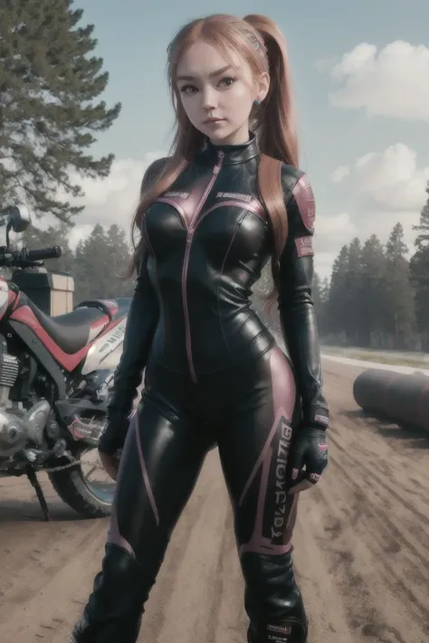 tv_Catherine_MXAI, , , wearing a full body biker suit, standing next to a dirtbike, happy expression,, 8k resolution, highres, high detail, sharp focus, detailed skin, 8k uhd,