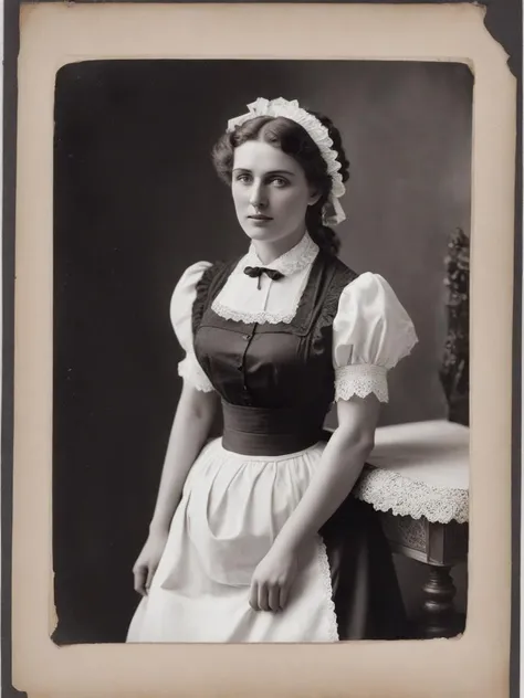 antique photograph, black and white, damaged photograph, stained, beautiful woman, (victorian maid), <lora:xl_victorian_maid_dress-1.0:0.8>