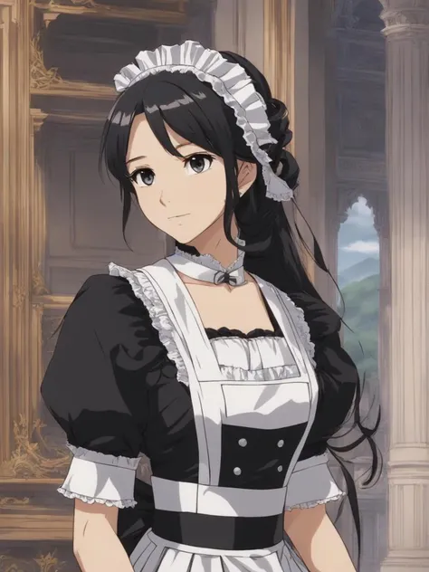 anime screencap, beautiful woman, (victorian maid), <lora:xl_victorian_maid_dress-1.0:0.8>, castle