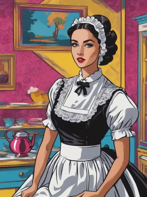 Pop Art style beautiful woman, (victorian maid), <lora:xl_victorian_maid_dress-1.0:0.8> . Bright colors, bold outlines, popular culture themes, ironic or kitsch